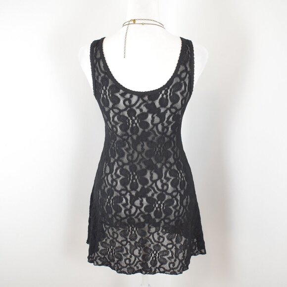 VTG 00s Y2K Black Floral Sheer Mesh Lace Scoop Neck Babydoll Slip Tank Top Sz M - Picture 3 of 6